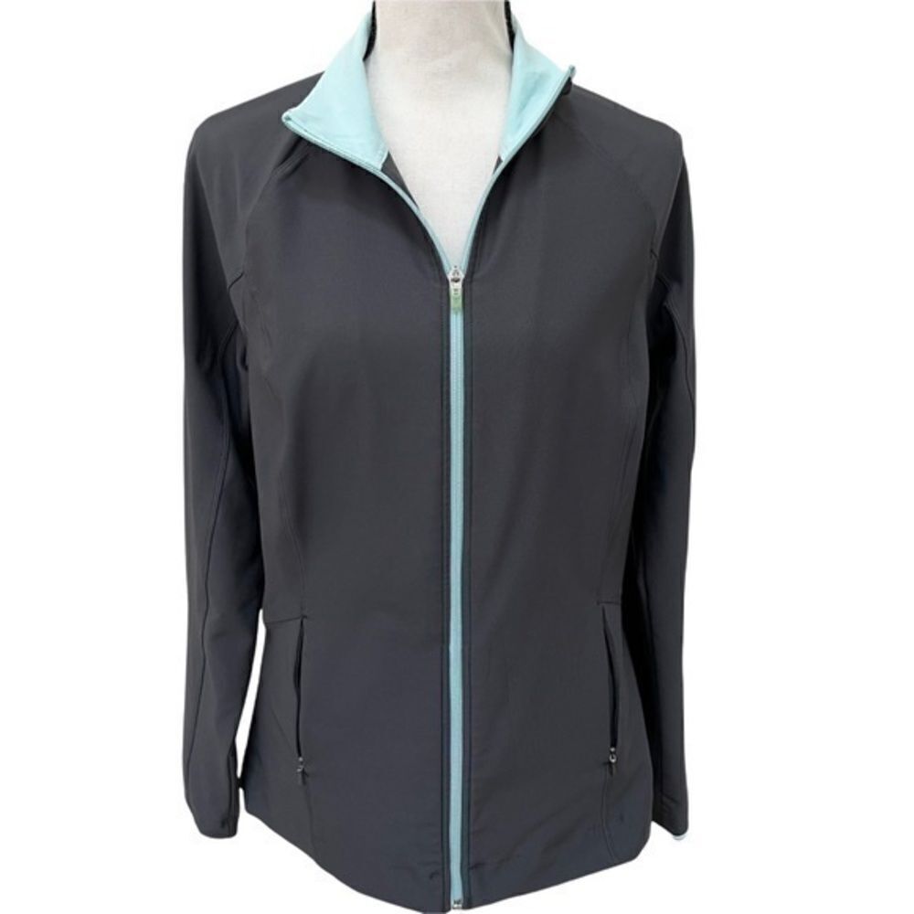 LUCY Tech Activewear Gray Mint trim Long sleeve Zip up Jacket Size Medium.